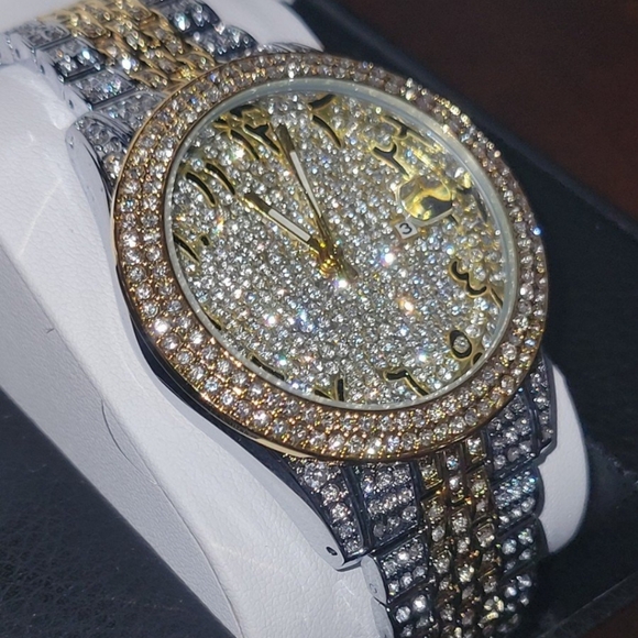 Mens Two Tone Full Ice Waterproof Arabic Numeral Bling Simulated Diamond Watch - Picture 2 of 12